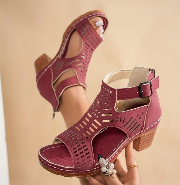 Chunky Heel High Hollow Peep Toe Sandals