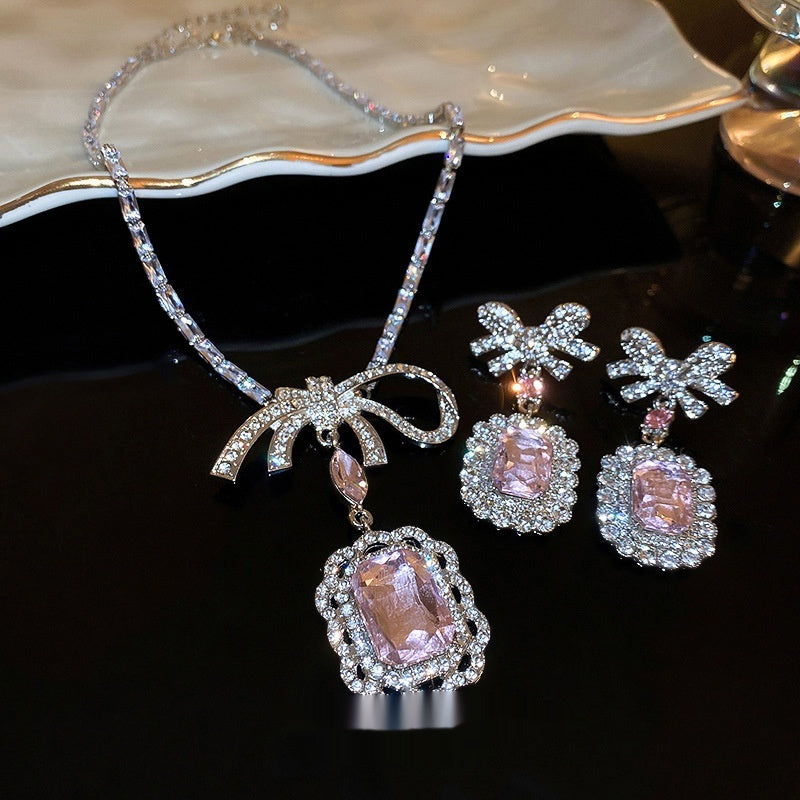 Rhinestone Zircon Square Bow Necklace And Earrings Suite
