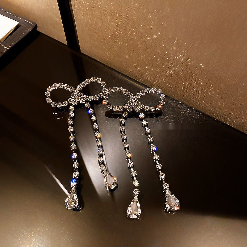 Rhinestone Zircon Square Bow Necklace And Earrings Suite