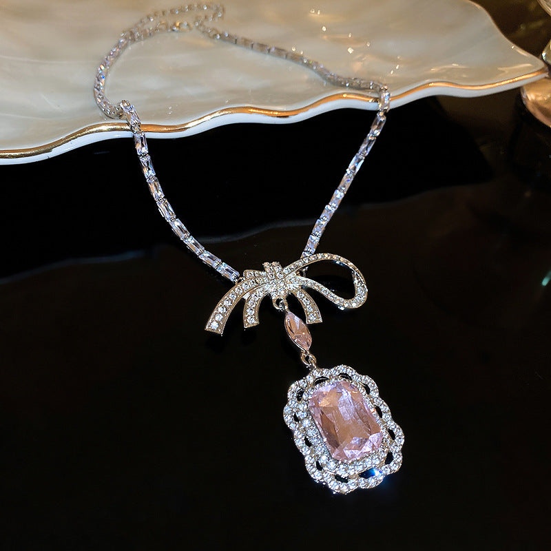 Rhinestone Zircon Square Bow Necklace And Earrings Suite