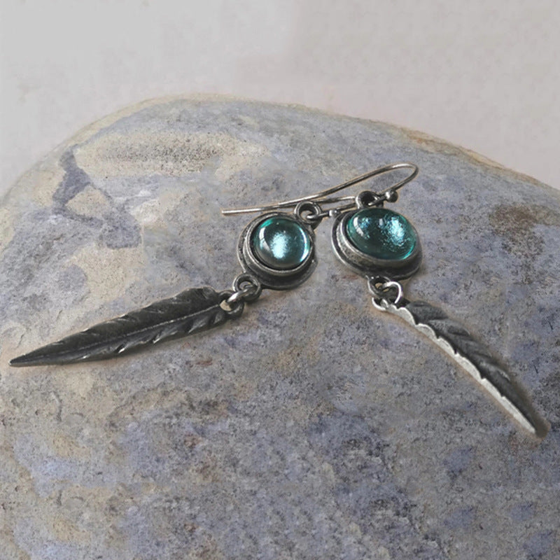 Fashion Simple Opal Feather Pendant Earrings