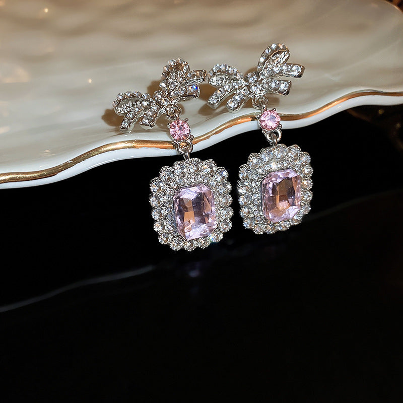 Rhinestone Zircon Square Bow Necklace And Earrings Suite