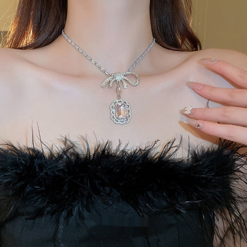 Rhinestone Zircon Square Bow Necklace And Earrings Suite