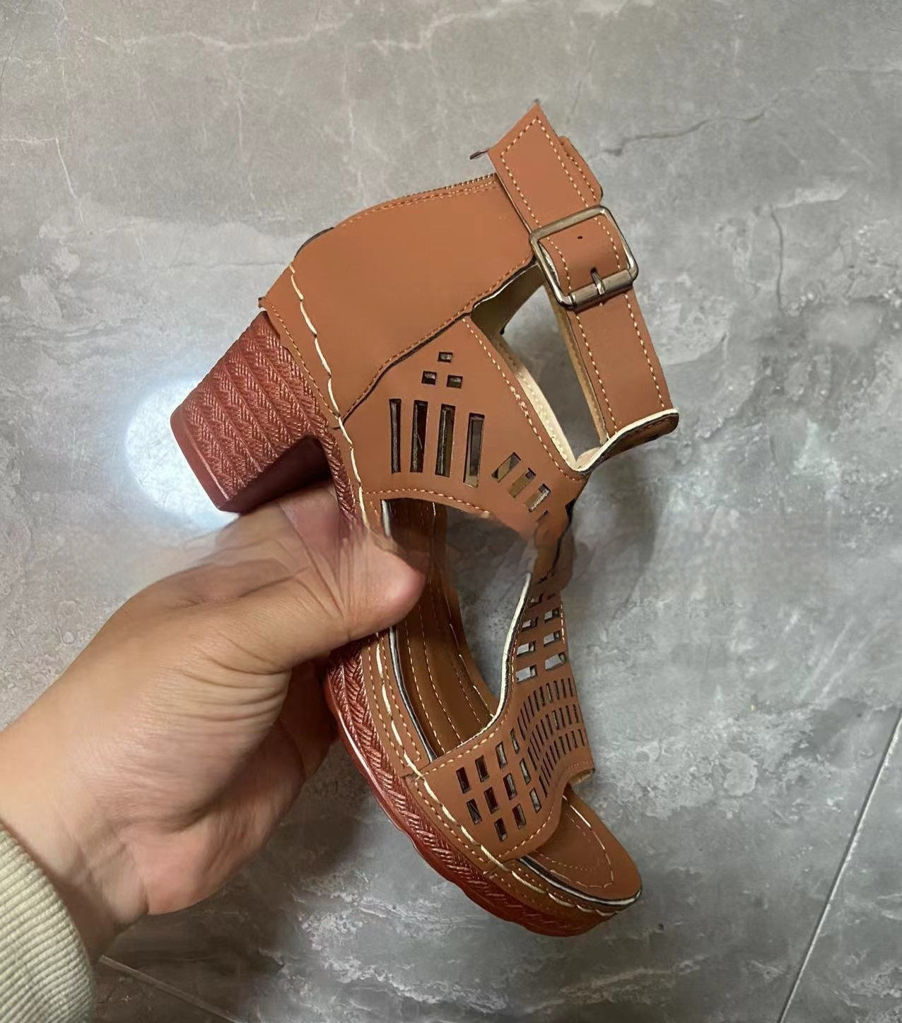 Chunky Heel High Hollow Peep Toe Sandals
