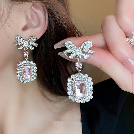 Rhinestone Zircon Square Bow Necklace And Earrings Suite
