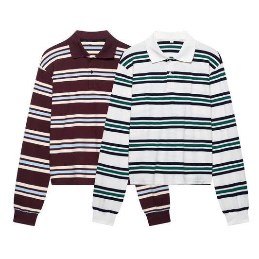 Spring New Women's Fashion Striped Polo Retro Long Sleeve Contrast Color Top